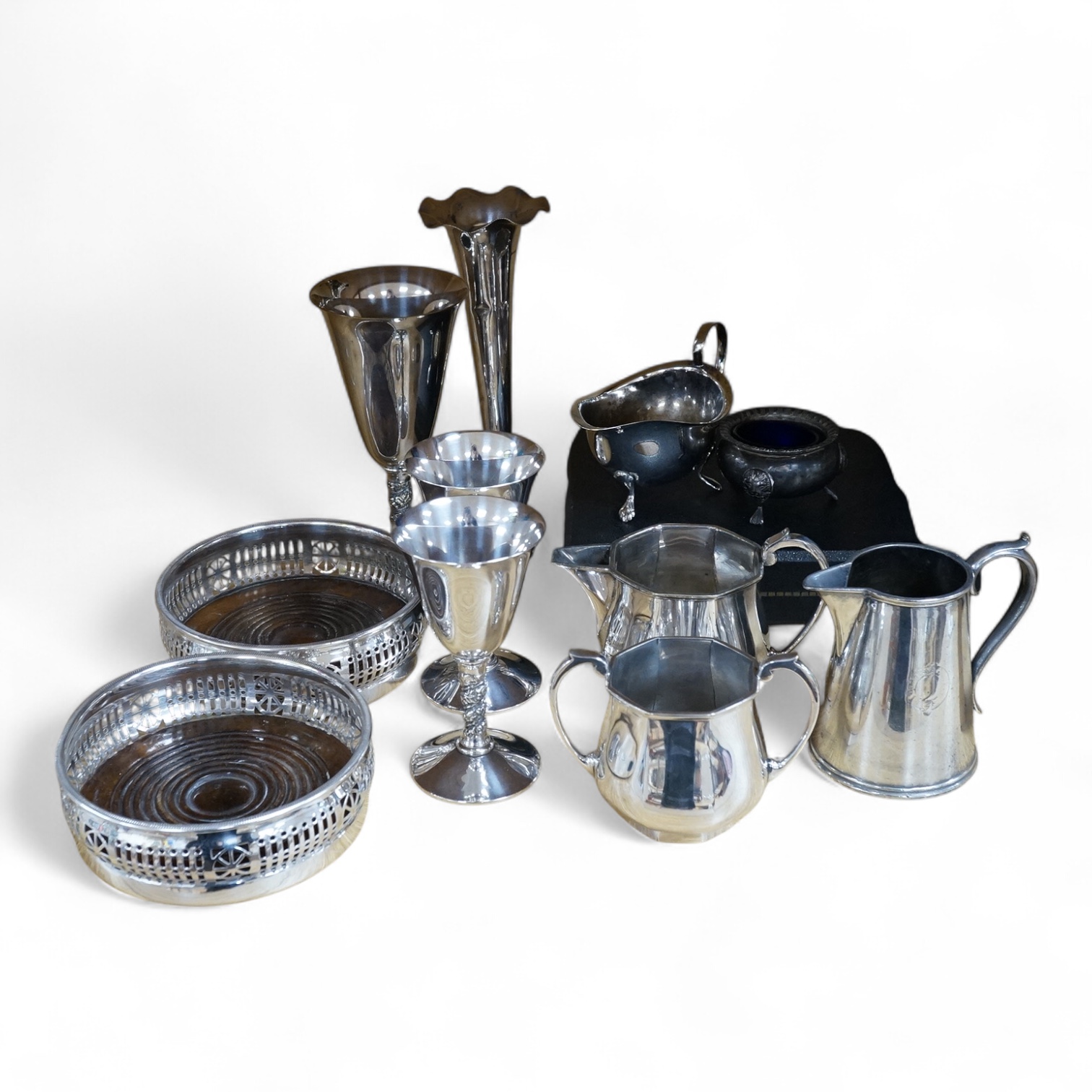 A small quantity of assorted plated wares including a pair of wine coasters, goblets, vases, cream jug and sugar bowl etc. Tallest item 21cm high. Condition - variable.